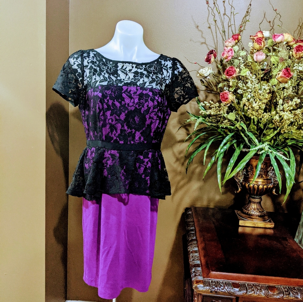 Donna Morgan Purple and Black Lace Overlay Peplum Dress Size 10P